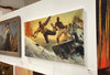 Gabe Leonard's artwork with yellow background and a red tinted boat in the background. The foreground is a white whale with a man leaping onto it from a boat and a harpoon.