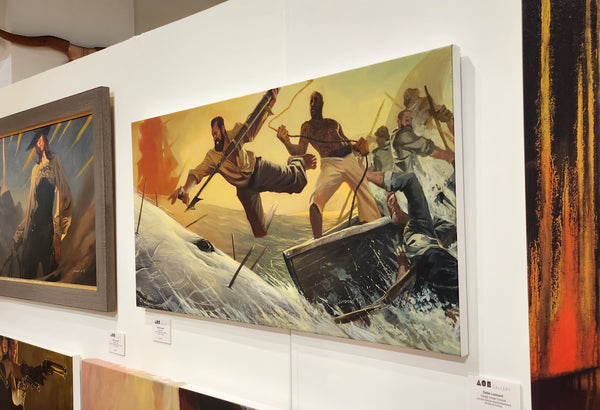Gabe Leonard's artwork with yellow background and a red tinted boat in the background. The foreground is a white whale with a man leaping onto it from a boat and a harpoon.