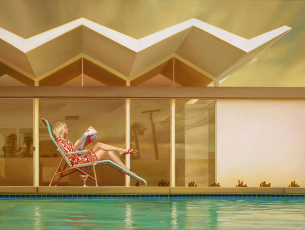 Carrie Graber's artwork of a blonde lady poolside on a lounge chair with a martini glass. The house is eco modern in the background.