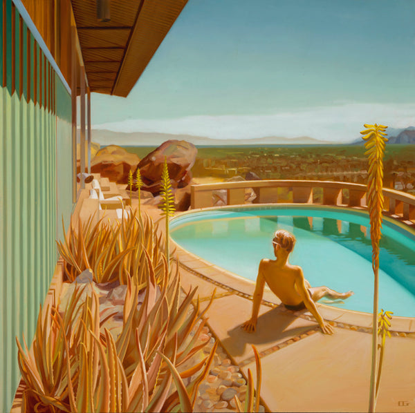 Carrie Graber's artwork of a man poolside in the dessert.