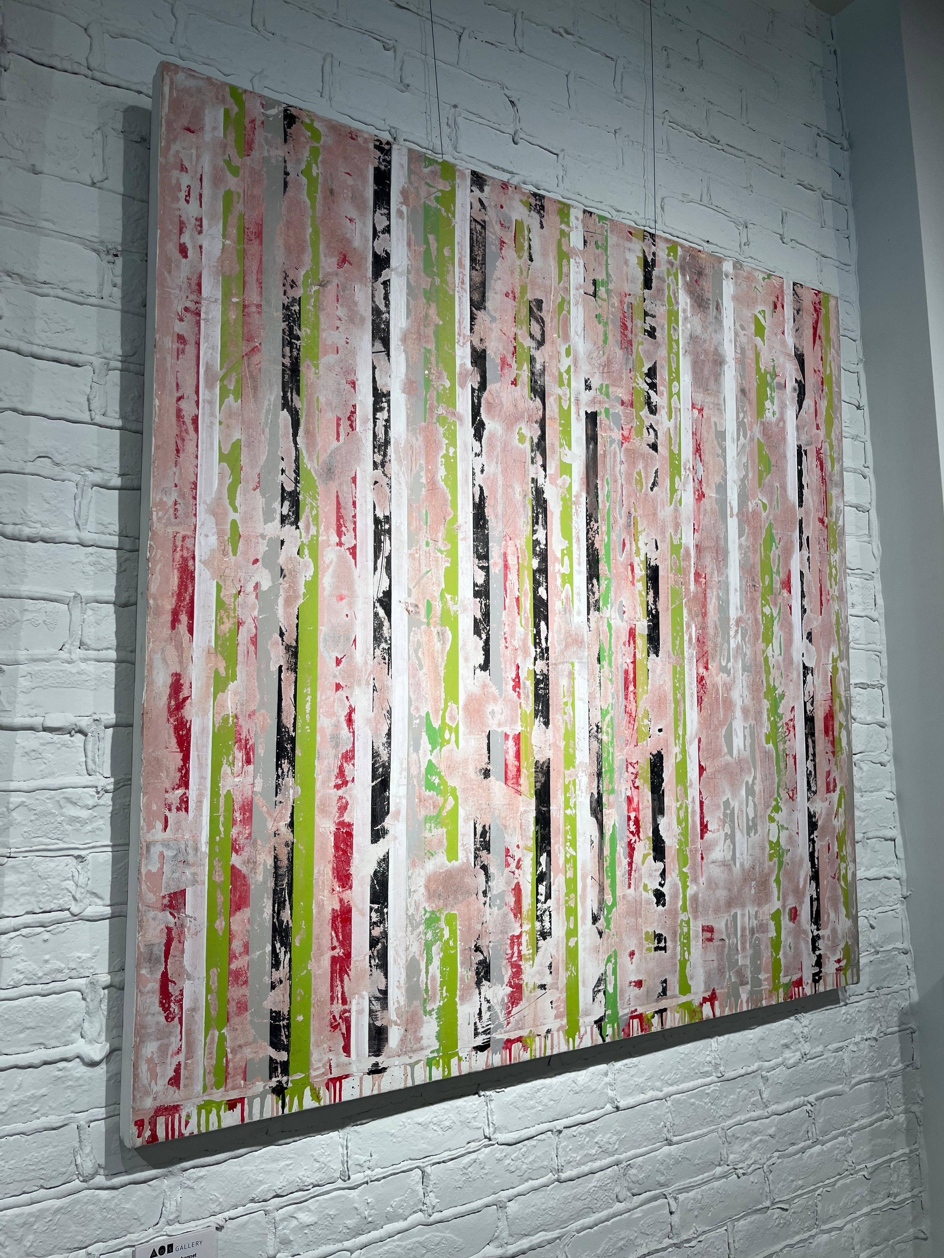 Nicole Charbonnet oversized original abstract artwork that is pink, green, black and red.