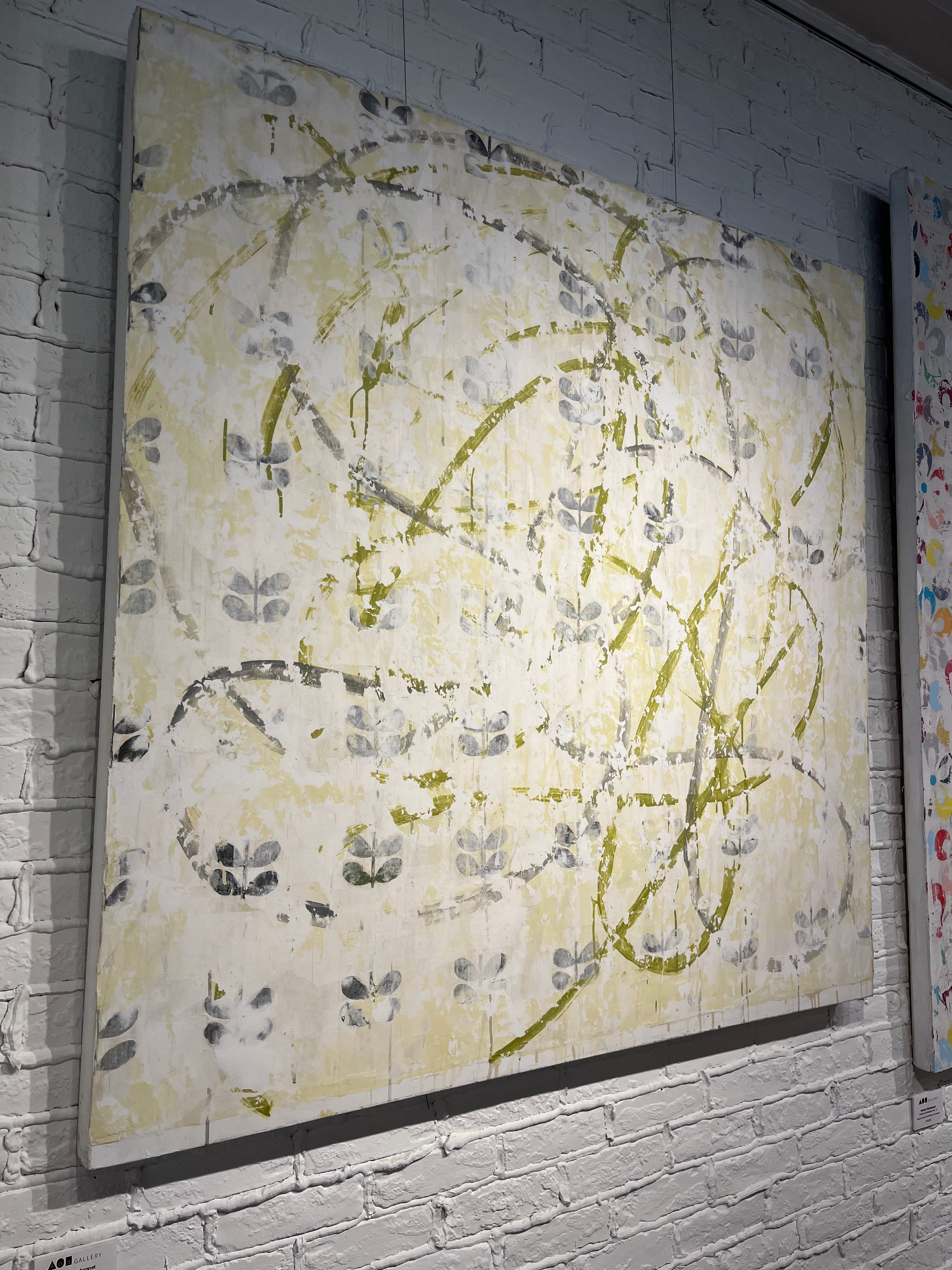 Nicole Charbonnet oversized original abstract artwork Green loopy paint over flowers.