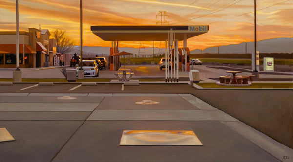 Carrie Graber's artwork of Mobil gas station at dusk.