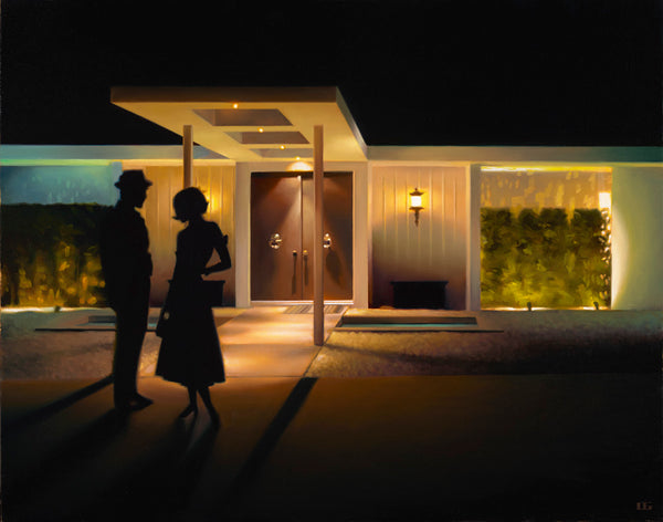 Carrie Graber's artwork of two people's silhouettes outside of a modern home from 1960 at nighttime.
