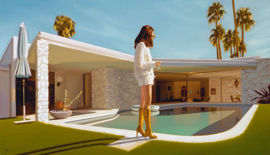 Carrie Graber's artwork on acrylic of a lady poolside in a white short set and tall golden boots. Palm Springs palm trees in the background of a modern house.
