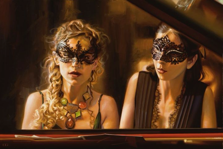 Carrie Graber's original painting of two ladies at a piano in masquerade masks. One has blonde hair one has brown hair.