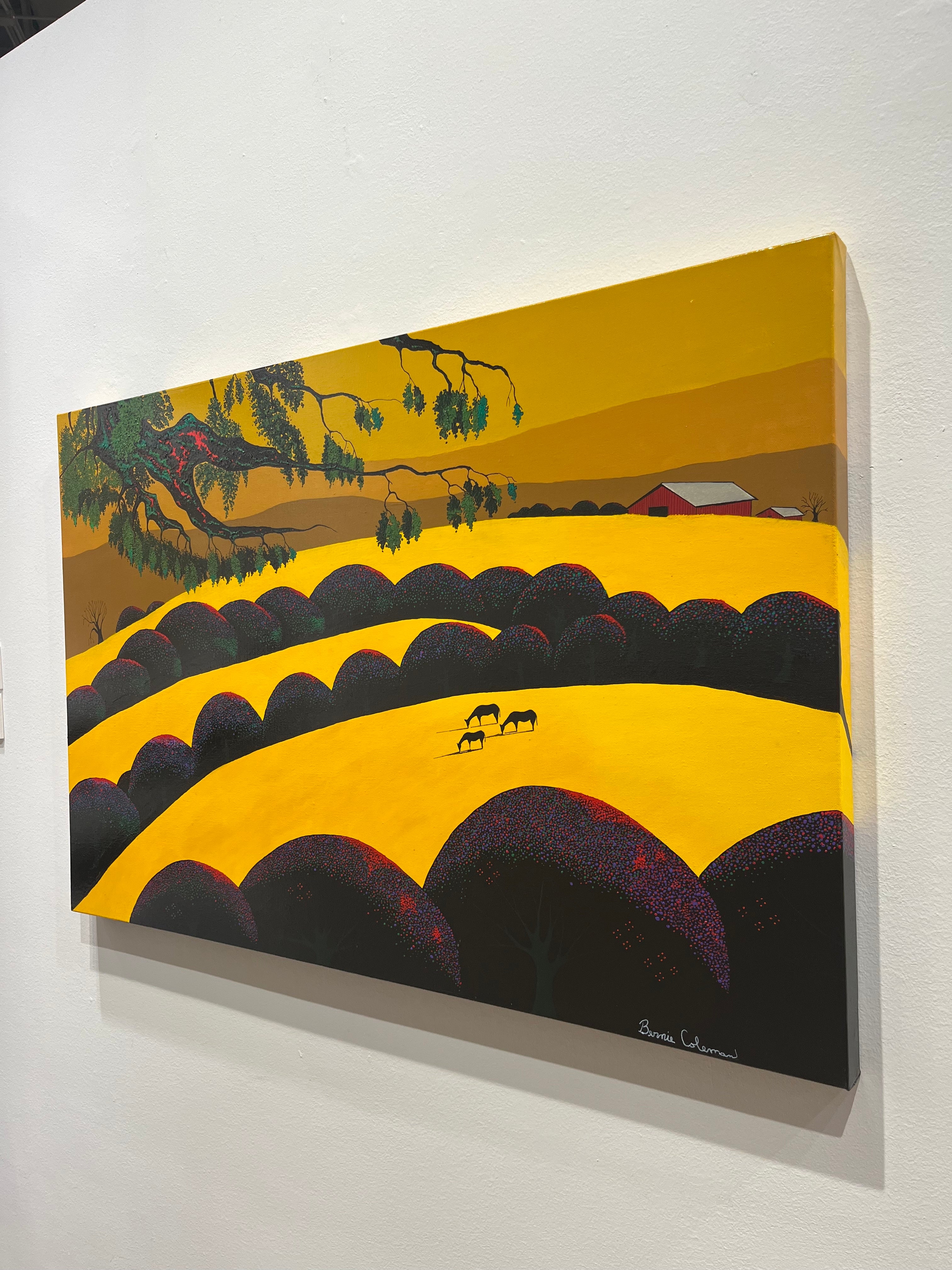 Bernie Coleman original art with yellow rolling fields with red barn in the far distance. Purple and red tree tops.