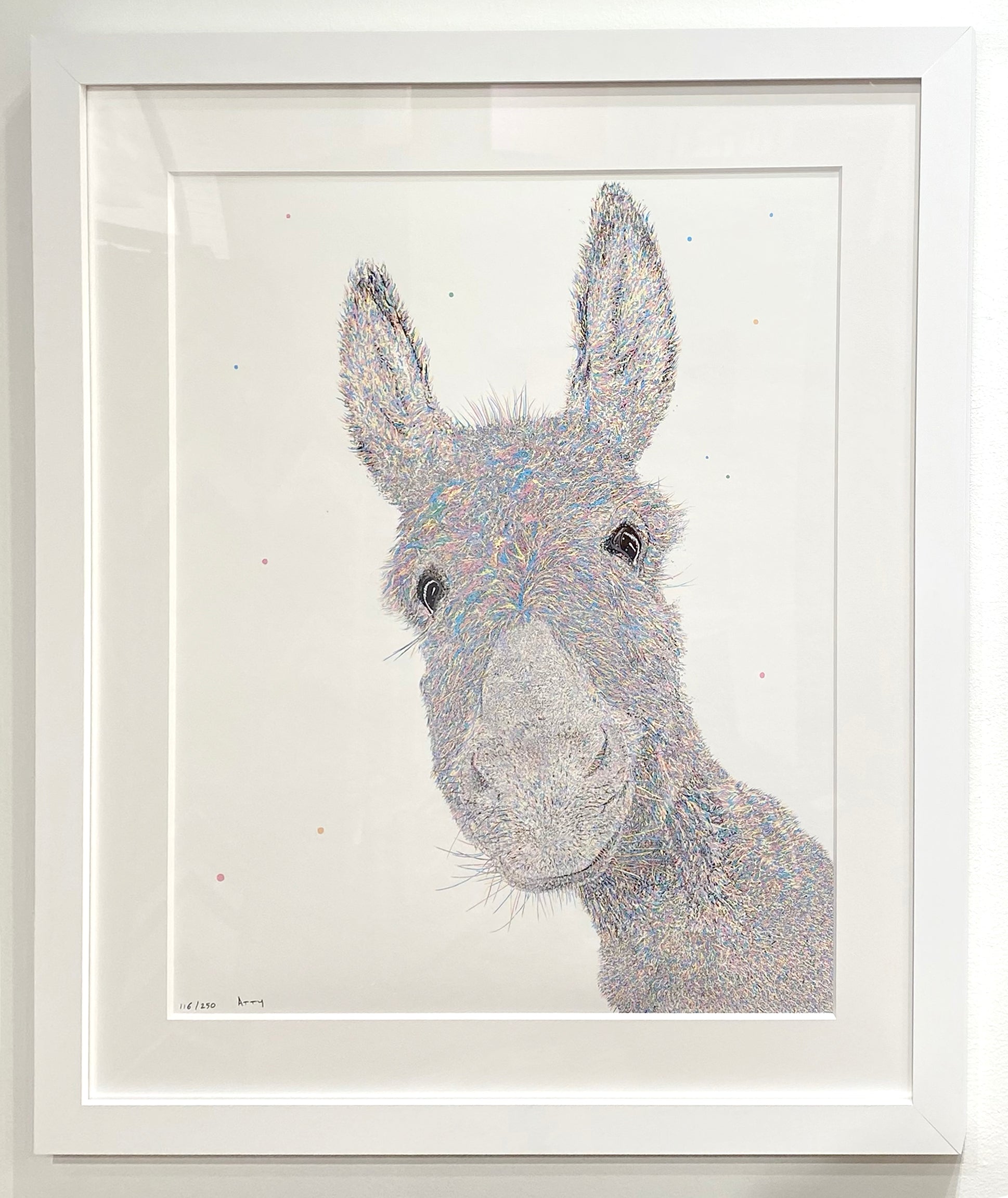 Graham Atwell (aka Atty) digital artwork of a donkey custom framed by Ao5 Gallery.