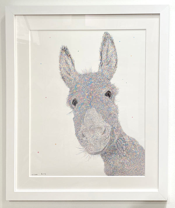 Graham Atwell (aka Atty) digital artwork of a donkey custom framed by Ao5 Gallery.