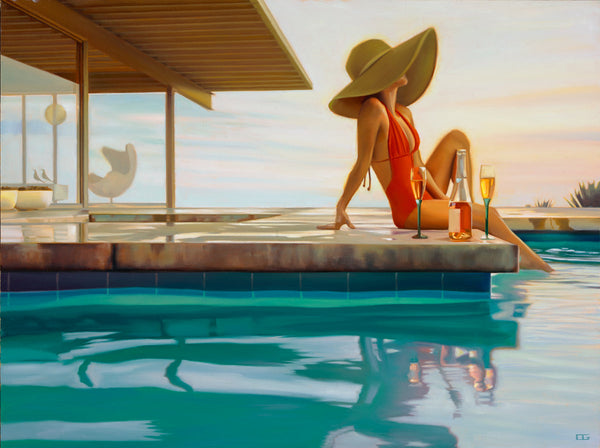 Carrie Graber's artwork of a lady sitting poolside in a red deep V bathing suit with two champagne flutes and a bottle of Rose at the Stahl House.