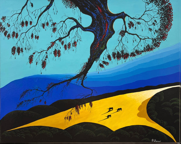 Bernie Coleman original art with yellow field, blue sky and tree limb of an oak tree. Three small longhorns grazing in the field.