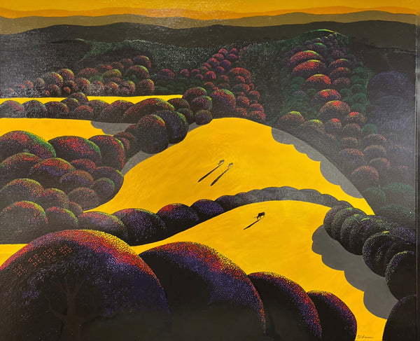 Bernie Coleman original art with yellow rolling hills and colorful tree tops