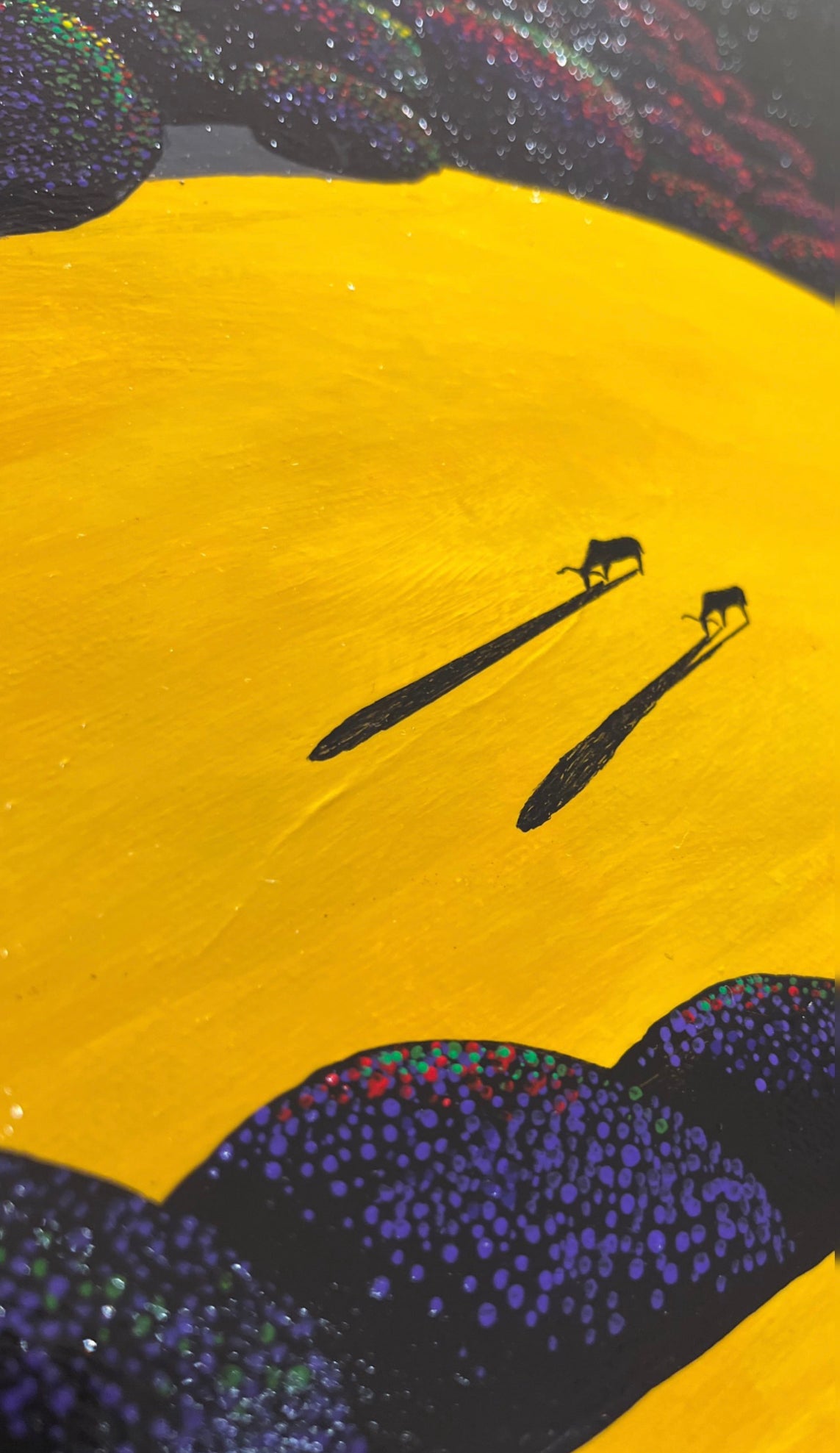 Bernie Coleman original art with yellow rolling hills and colorful tree tops