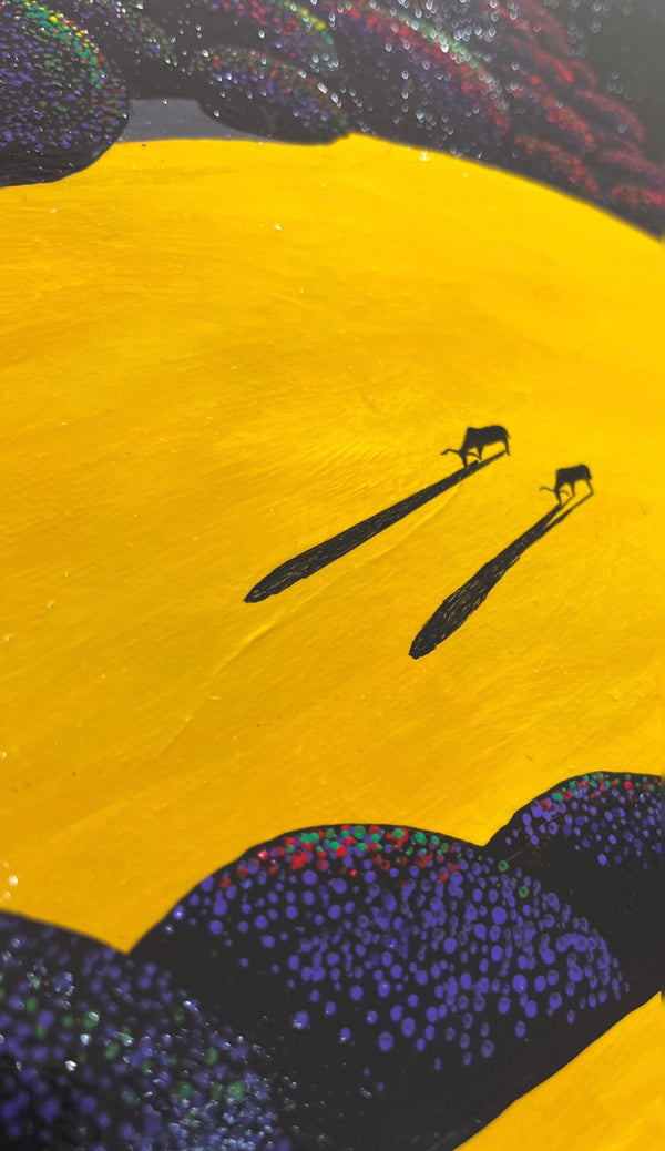 Bernie Coleman original art with yellow rolling hills and colorful tree tops