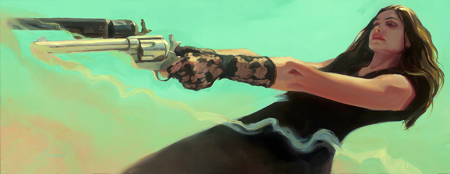 Gabe Leonard's Art work of a woman holding two pistols just fired. Mint background. Woman is wearing black dress and black lace gloves.