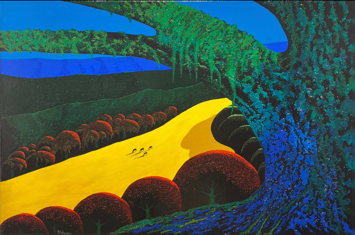 Bernie Coleman original art with yellow field, blue sky and green and blue mossy oak tree. Four small horses grazing in the field.