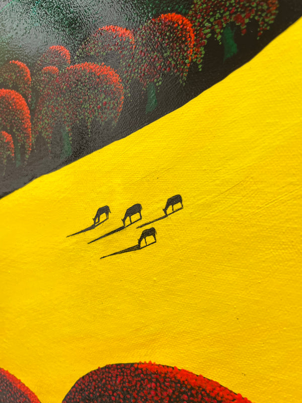 Bernie Coleman original art with yellow field, blue sky and green and blue mossy oak tree. Four small horses grazing in the field.