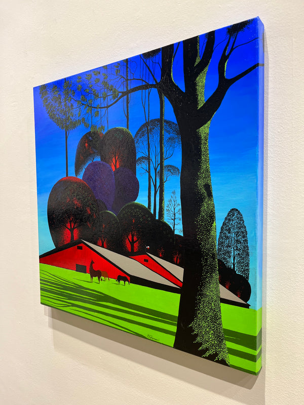 Bernie Coleman original art with green grass and shadows of trees. In the foreground is a tall mossy oak tree. In the background is a red bard with three horses in front of it.
