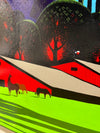 Bernie Coleman original art with green grass and shadows of trees. In the foreground is a tall mossy oak tree. In the background is a red bard with three horses in front of it.