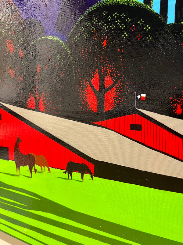 Bernie Coleman original art with green grass and shadows of trees. In the foreground is a tall mossy oak tree. In the background is a red bard with three horses in front of it.