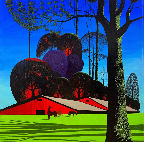 Bernie Coleman original art with green grass and shadows of trees. In the foreground is a tall mossy oak tree. In the background is a red bard with three horses in front of it.