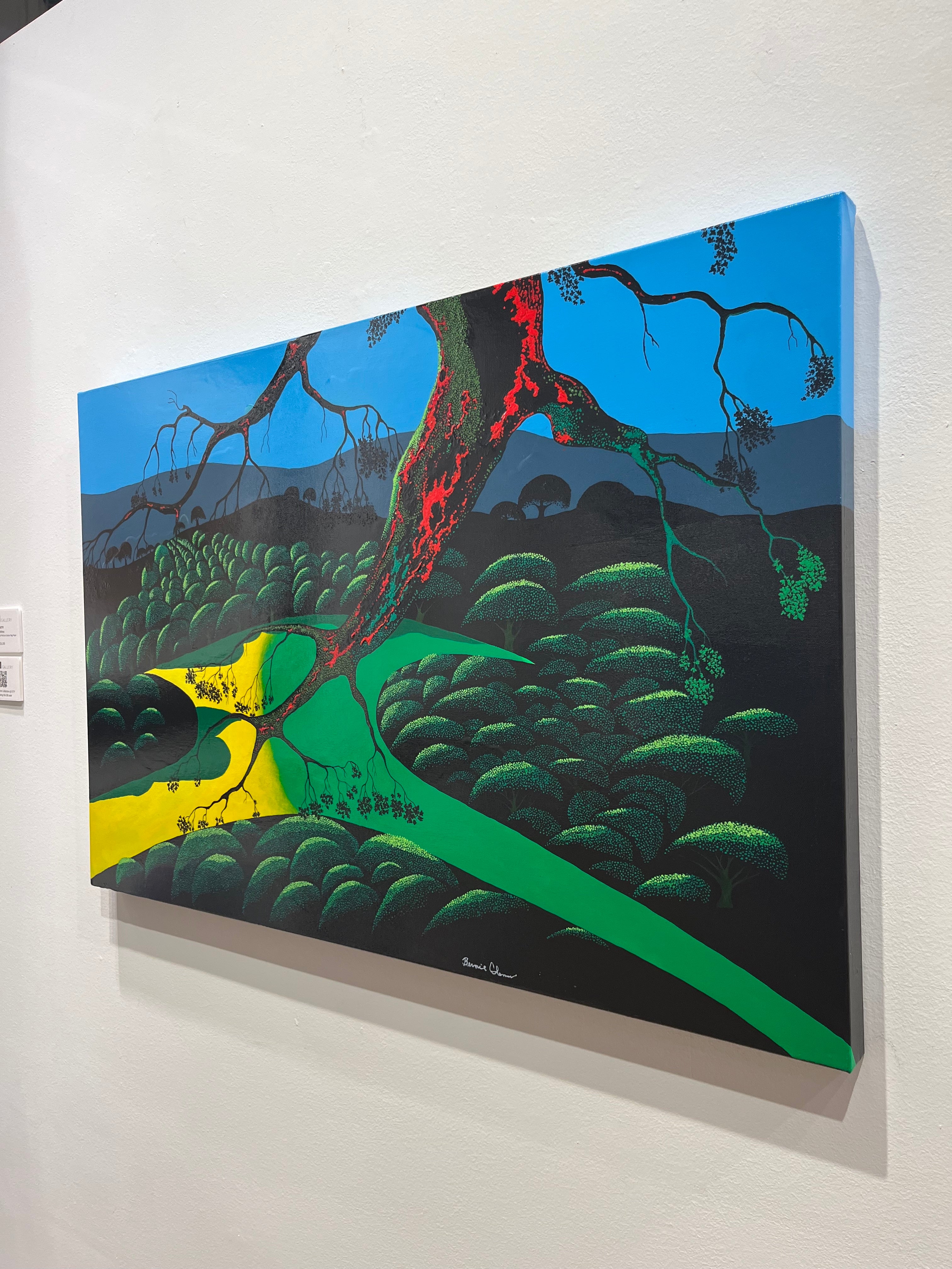 Bernie Coleman original art with green and yellow fields and green tree tops.