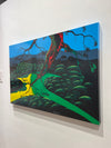 Bernie Coleman original art with green and yellow fields and green tree tops.