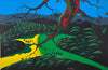 Bernie Coleman original art with green and yellow fields and green tree tops.