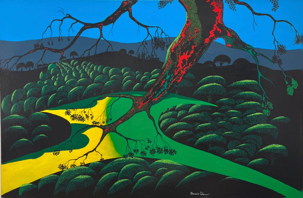 Bernie Coleman original art with green and yellow fields and green tree tops.