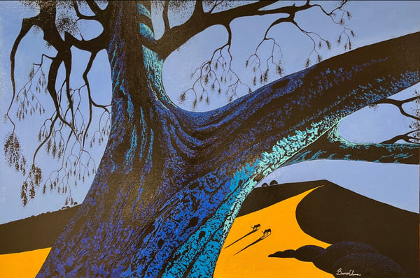 Bernie Coleman original art yellow field, blue oak tree and longhorns in the distance. 