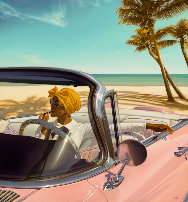 Carrie Graber's artwork featuring a lady wearing a turban in a pink Cadillac applying lipstick. The beach and palm trees are in the background