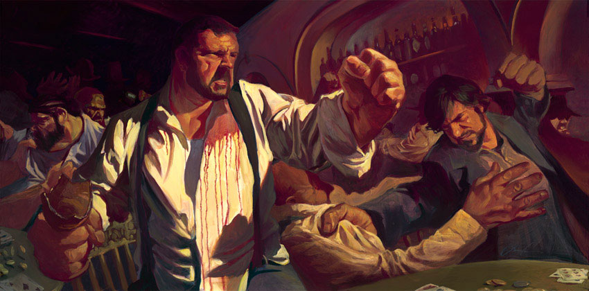 Gabe Leonard's artwork of a man with blood on his shirt punching the air with his left hand. In his right hand he is holding a broken beer bottle. In the foreground there are many other men fighting in the background.