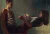 Gabe Leonard's artwork of a man and a women. The man is wearing suspenders that the women is pulling leaning back from the waist up.