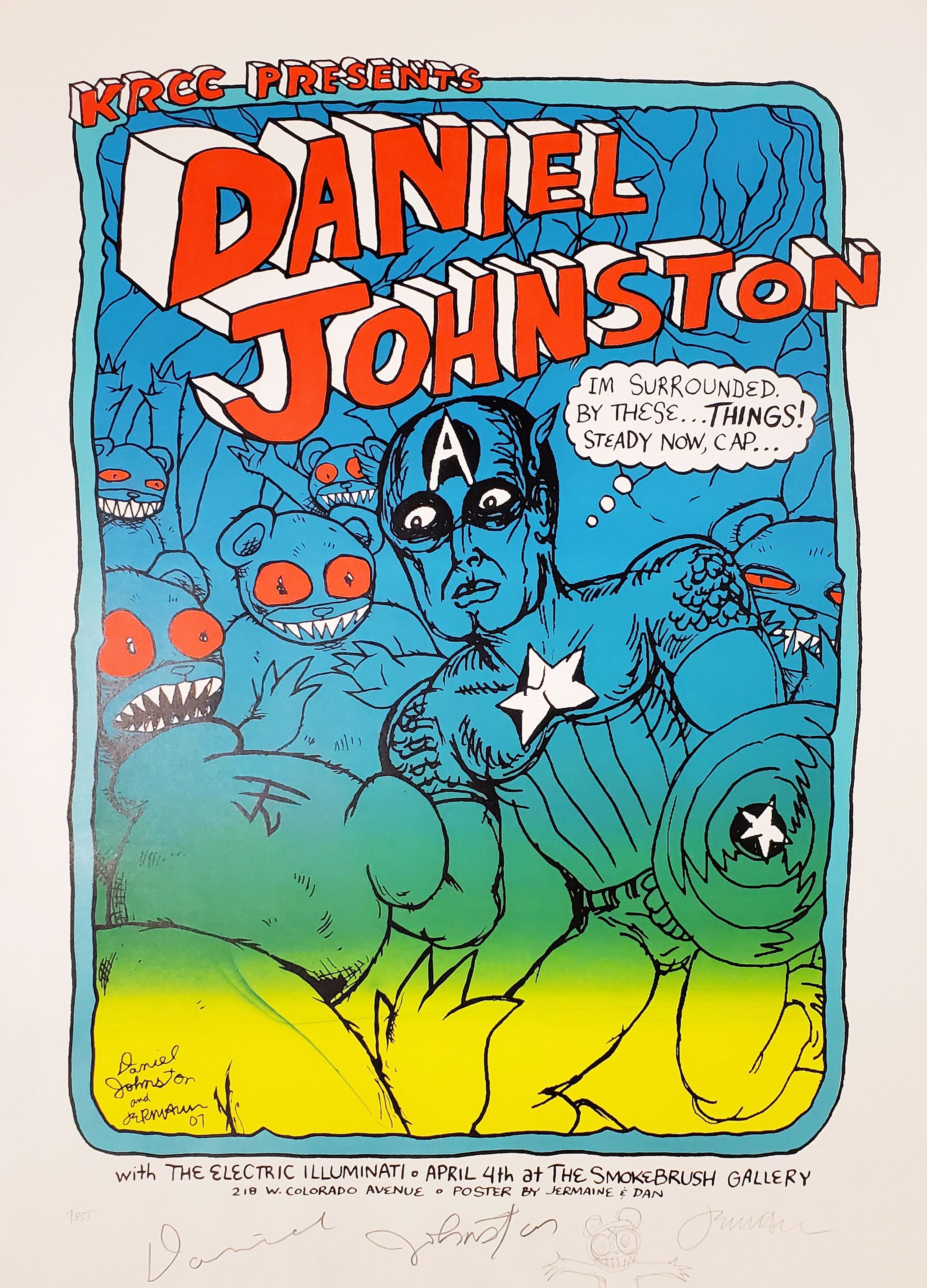 Daniel Johnston - Colorado Springs - 4.4.07 - Blue & Green ink TEST, Signed by Jermaine & Johnston - FRAMED