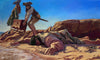 Gabe Leonard's artwork of two pirate women on a tan beach carrying a treasure chest away from a man appearing to be a pirate that is laying faced down.