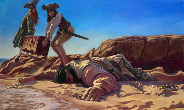 Gabe Leonard's artwork of two pirate women on a tan beach carrying a treasure chest away from a man appearing to be a pirate that is laying faced down. 