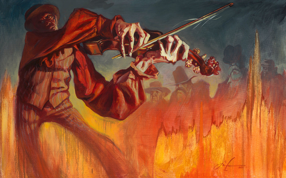 Gabe Leonard's artwork of a man, or the devil, playing the fiddle in fire.