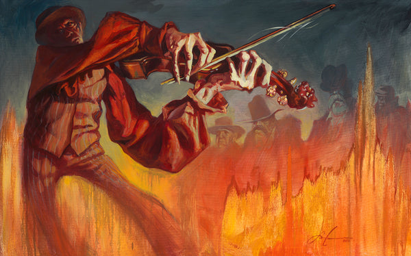 Gabe Leonard's artwork of a man, or the devil, playing the fiddle in fire.