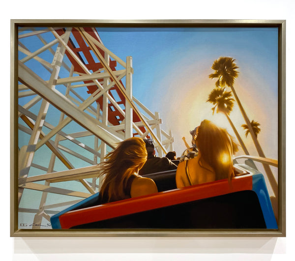 Carrie Graber's artwork of two girls on a rollercoaster custom framed by Ao5 Gallery. 