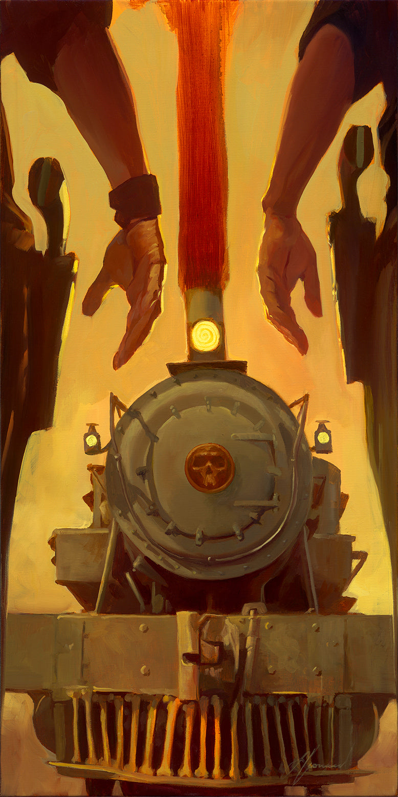 Gabe Leonard's artwork of the front of a train facing forward with red fire coming from the chimney and a skull on the front. Two men's arms are in view facing the train.