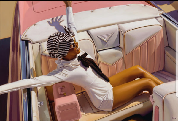 Carrie Graber's artwork of a lady wearing black and  white turban in a pink Cadillac in a white romper.