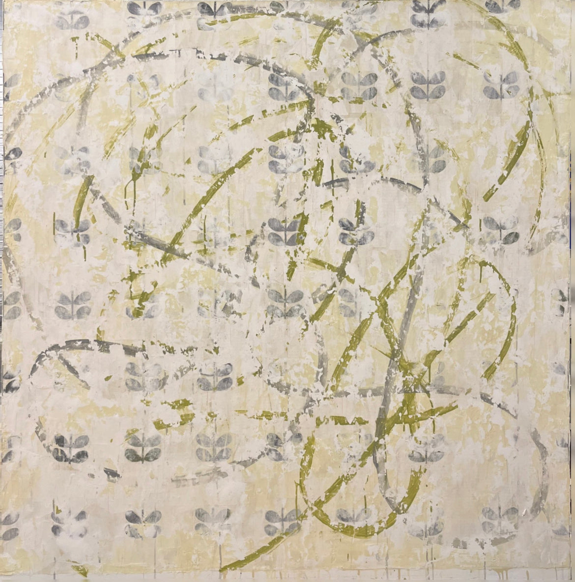 Nicole Charbonnet oversized original abstract artwork Green loopy paint over flowers.