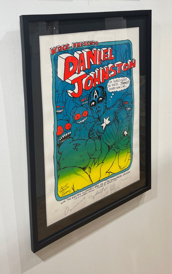 Daniel Johnston - Colorado Springs - 4.4.07 - Blue & Green ink TEST, Signed by Jermaine & Johnston - FRAMED