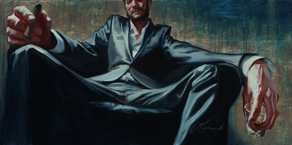 Gabe Leonard's art work of a man sitting in a deep arm chair holding a cigar in his right hand and a shot glass with amber colored liquid in his left hand.