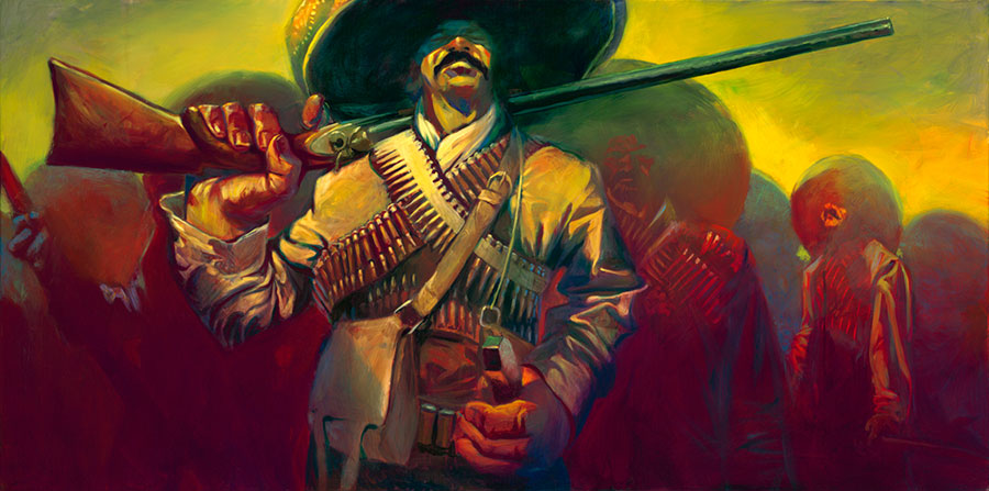 Gabe Leonard's artwork of four Vaquero. One is centered and holding a rifle over his right shoulder. His left hand is holding a knife in its holster on his left hip. 