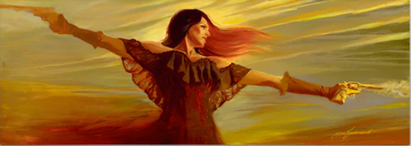 Gabe Leonard's artwork of a woman with her arms outstretched shooting two guns looking to her left. Yellow background with red and black lace dress. 