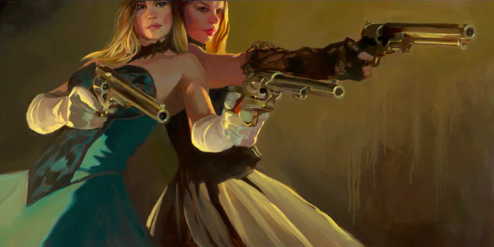 Gabe Leonard's artwork of two women leaning back to back shooting guns toward their left. One woman is wearing an off the shoulder blue dress holding two guns and white gloves. The other is wearing a black corset and white dress with black lace gloves.