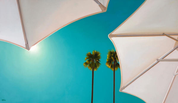 Carrie Graber's original painting of the underside of two white umbrellas looking into the sky.