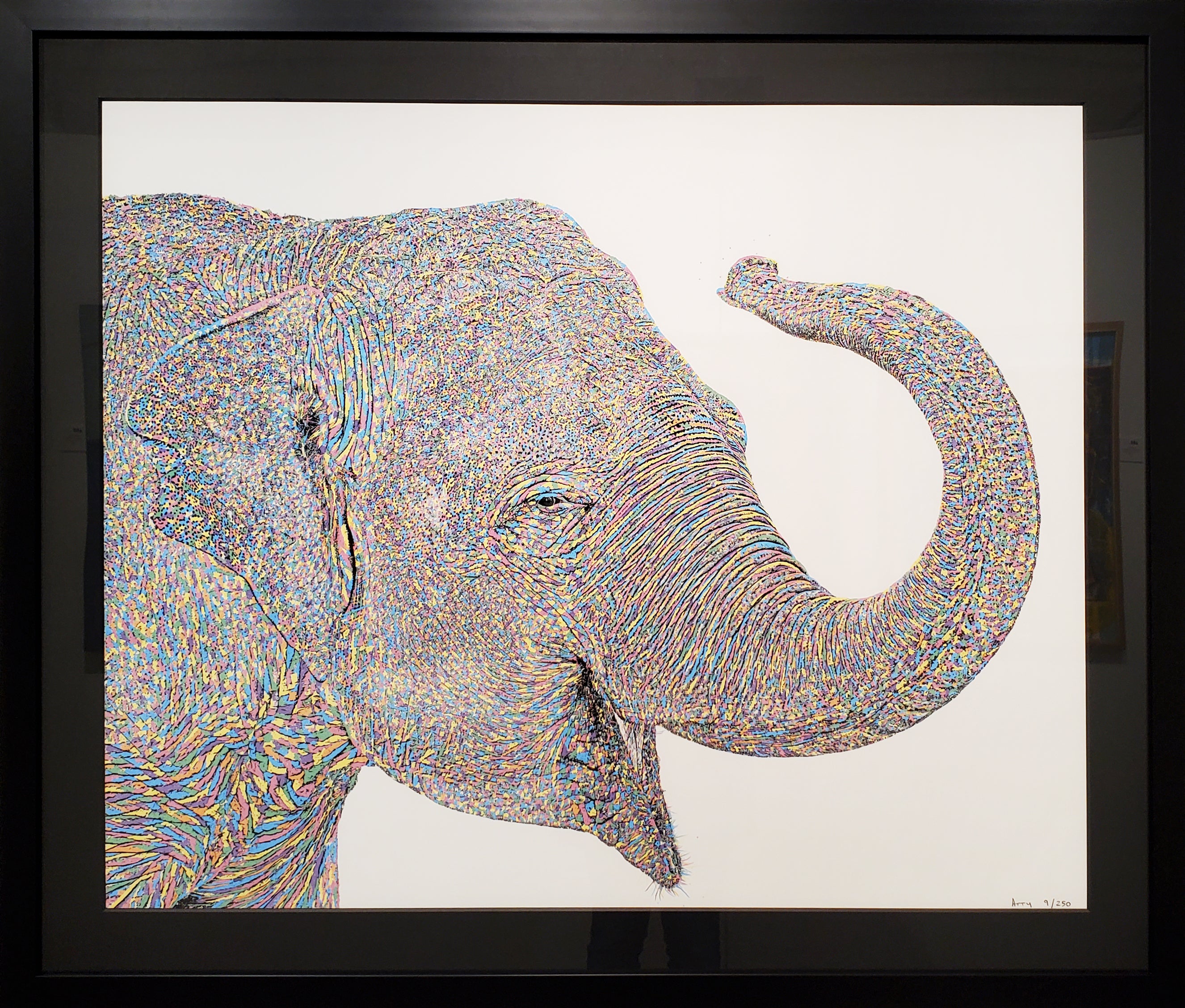 Graham Atwell (aka Atty) digital art of an elephant custom framed by Ao5 Gallery.