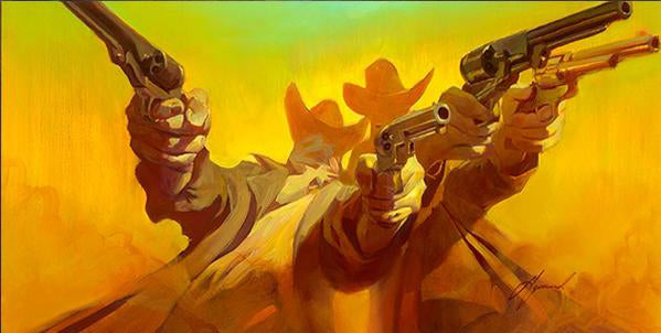 Gabe Leonard's artwork of two men holding two guns each pointing them at the audience. The background is bright yellow and smoky like. 